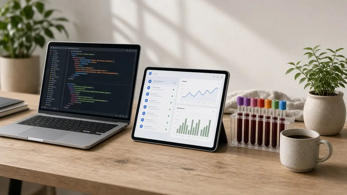 Laptop showing API code beside a tablet with a lab orders dashboard and sample tubes