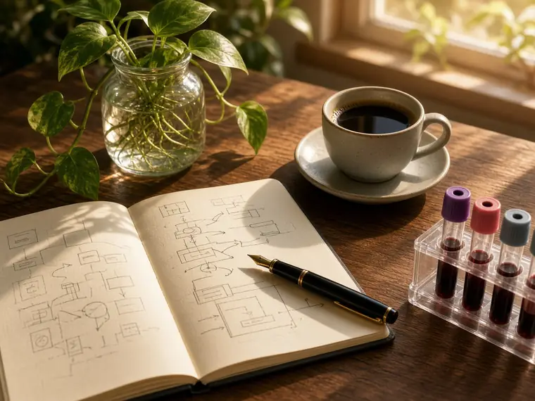 Desk with notebook diagrams, coffee, and laboratory sample tubes