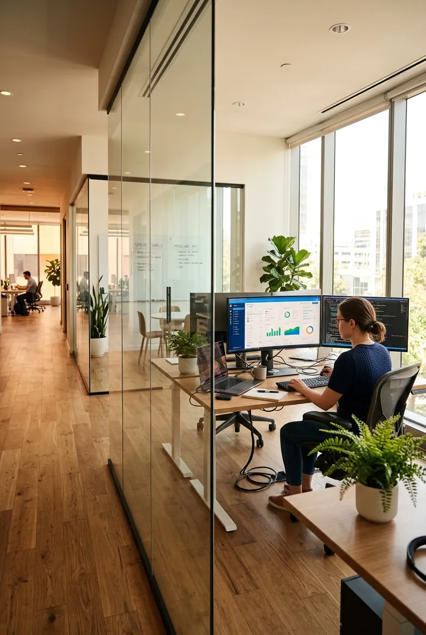 Modern healthtech office workspace with engineer at monitors