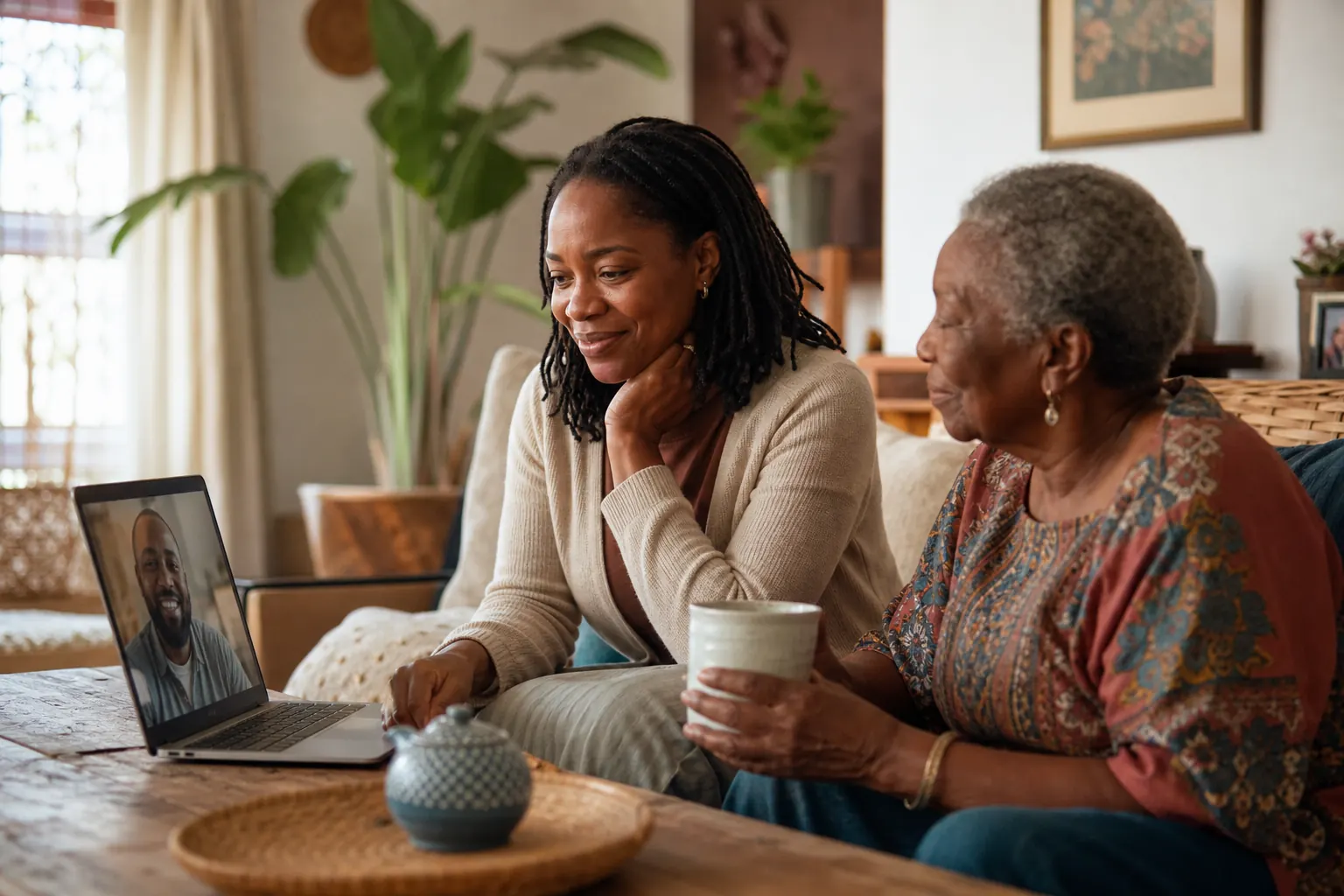 Family member abroad on a video call coordinating care for a loved one at home