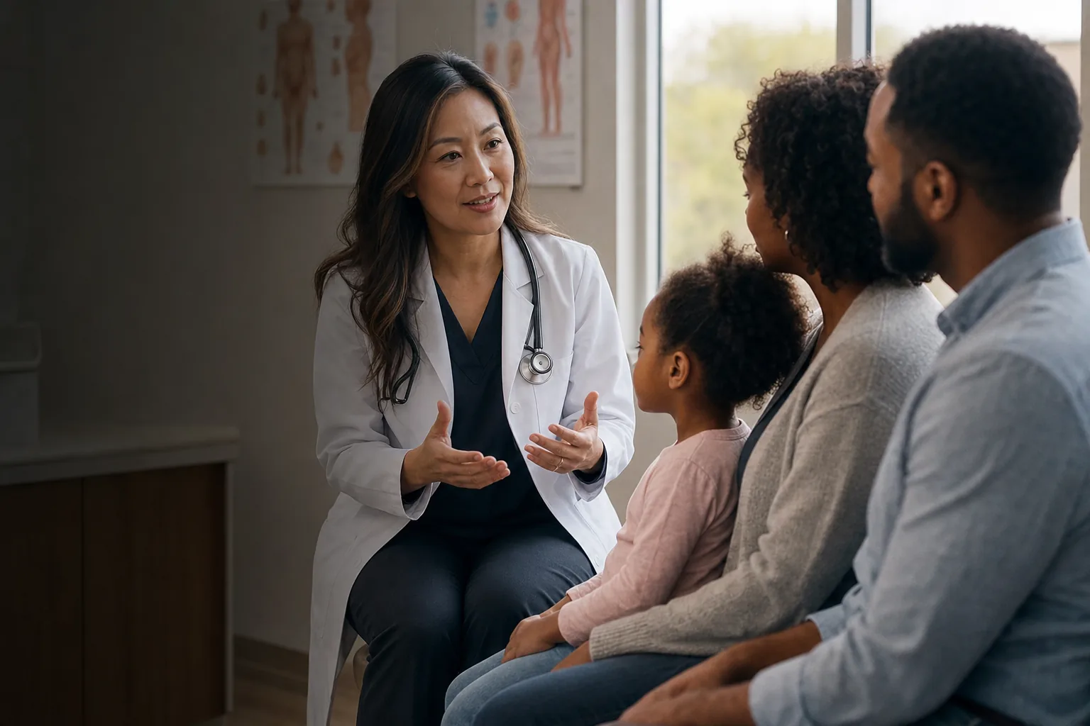 Physician supporting a patient and family in clinic