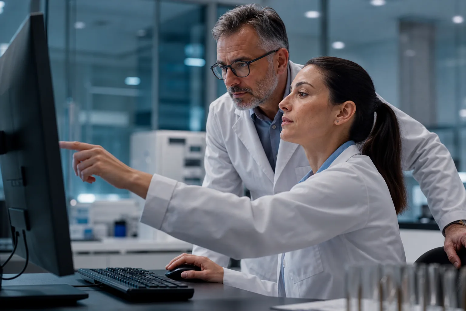 Clinician and lab professional reviewing diagnostic results