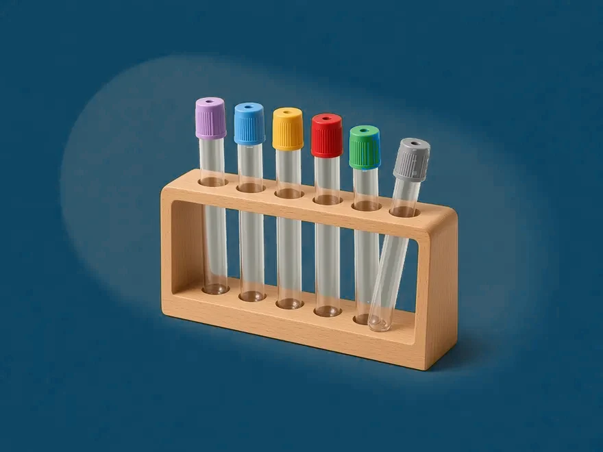 Diagnostic sample tubes with colour-coded caps in a wooden rack