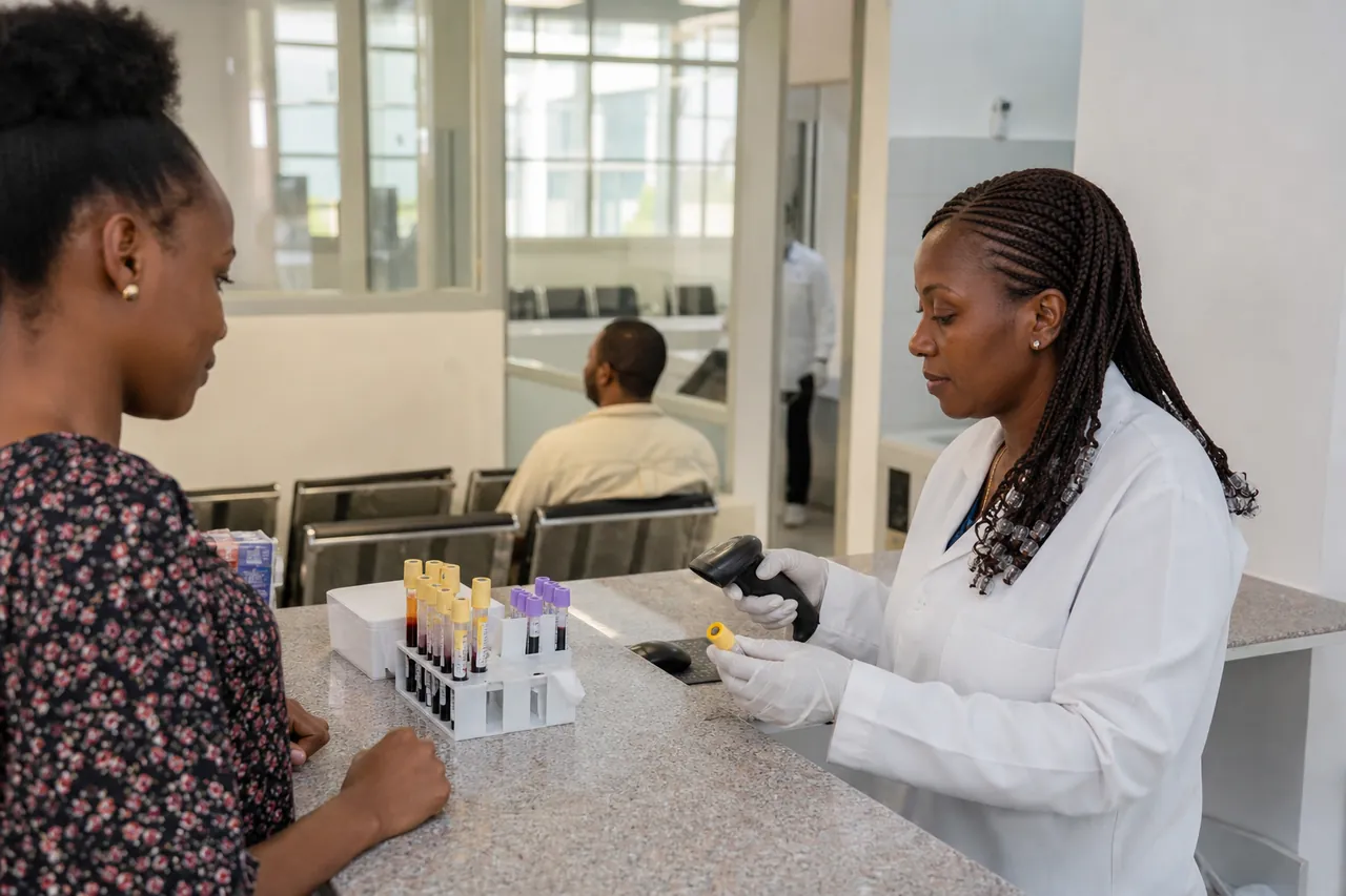 Lab receptionist registering a patient specimen at the front desk