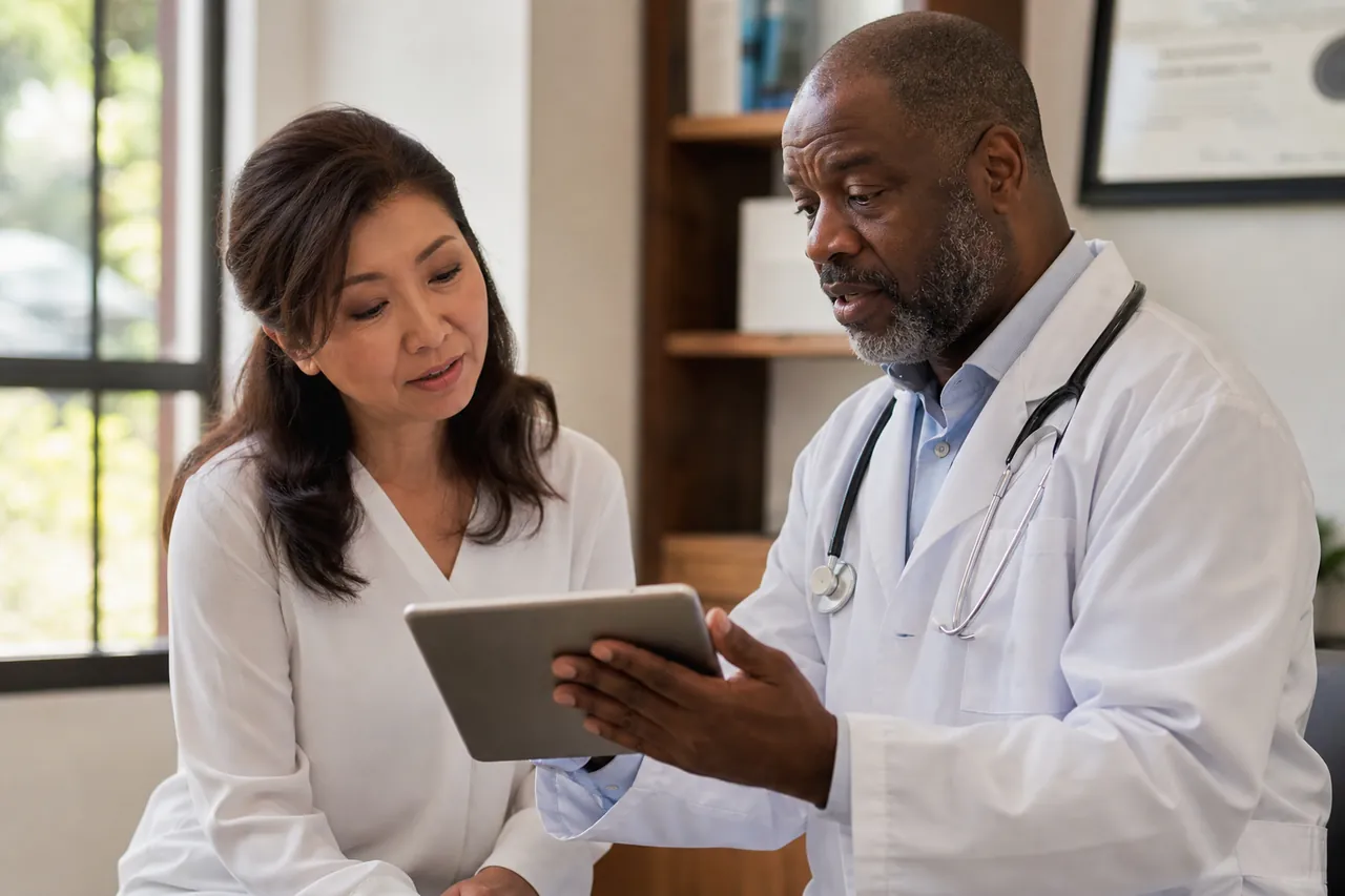 A clinician walking a patient through her lab results on a tablet