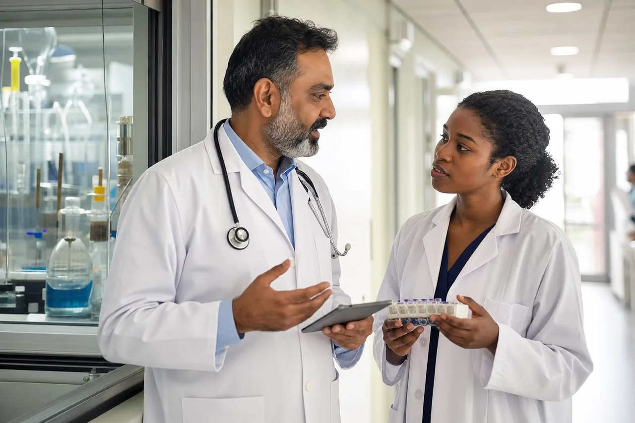 Physician and colleague reviewing a patient's lab samples and results together